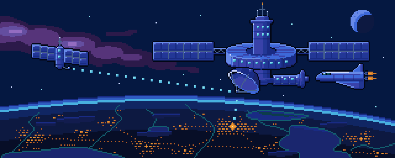 A relay station with solar wings and a large dish passes data from a small satellite down to the brightest of many lit cities on the night side of a planet, while a shuttle approaches and a crescent moon hangs in the dark, SentX pixel art